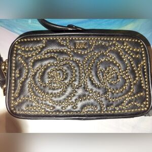 Michael Kors Black Leather And Gold Rose Studded Camera Bag Cross Over Purse